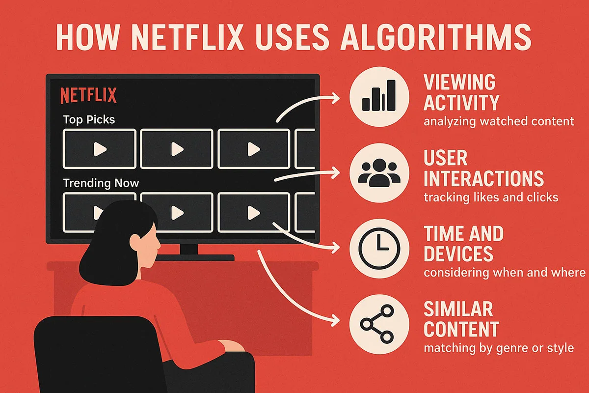 Infographic showing how Netflix uses AI algorithms to analyse viewing activity, user interactions, time patterns, and content similarity