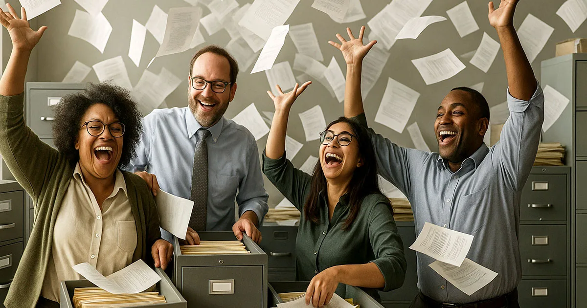 Happy office workers celebrating successful automation implementation with papers flying overhead