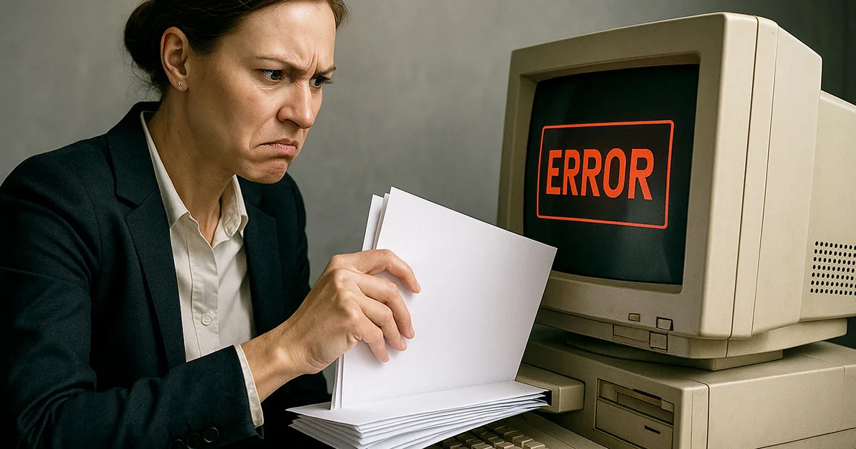 Frustrated businesswoman facing computer error message highlighting automation implementation challenges