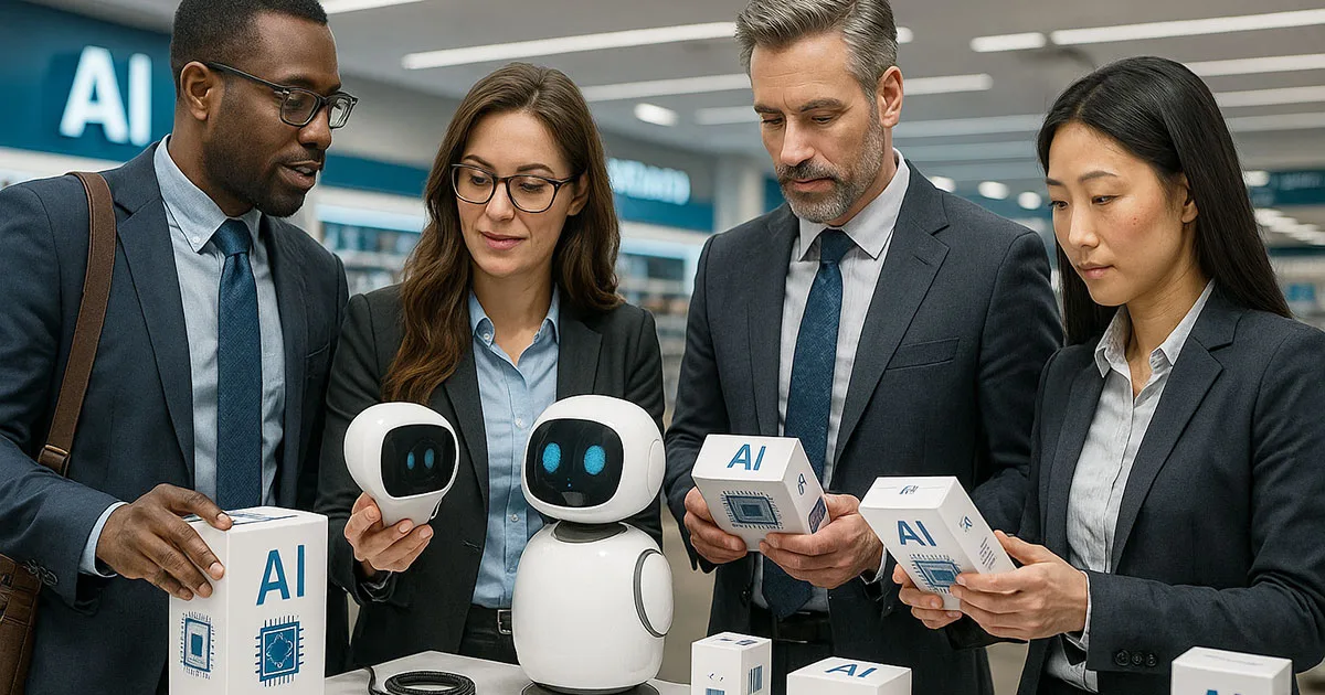 Diverse business team examining AI robot and automation tools in corporate technology showcase