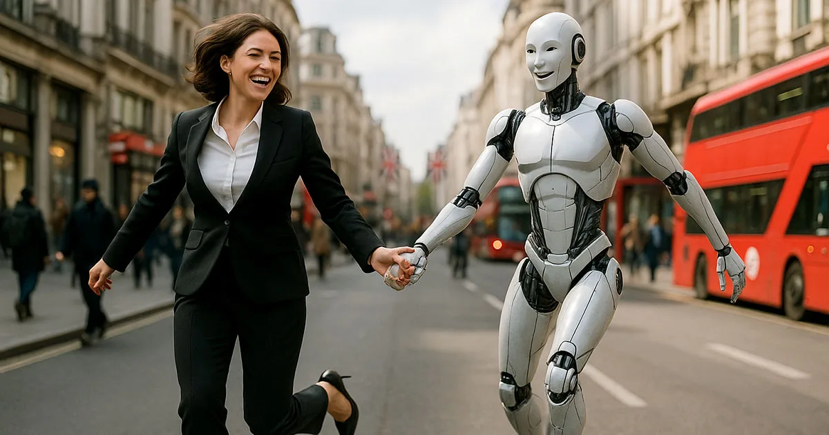 Smiling businesswoman and humanoid robot running hand-in-hand down London street with red double-decker bus, showing human-AI partnership