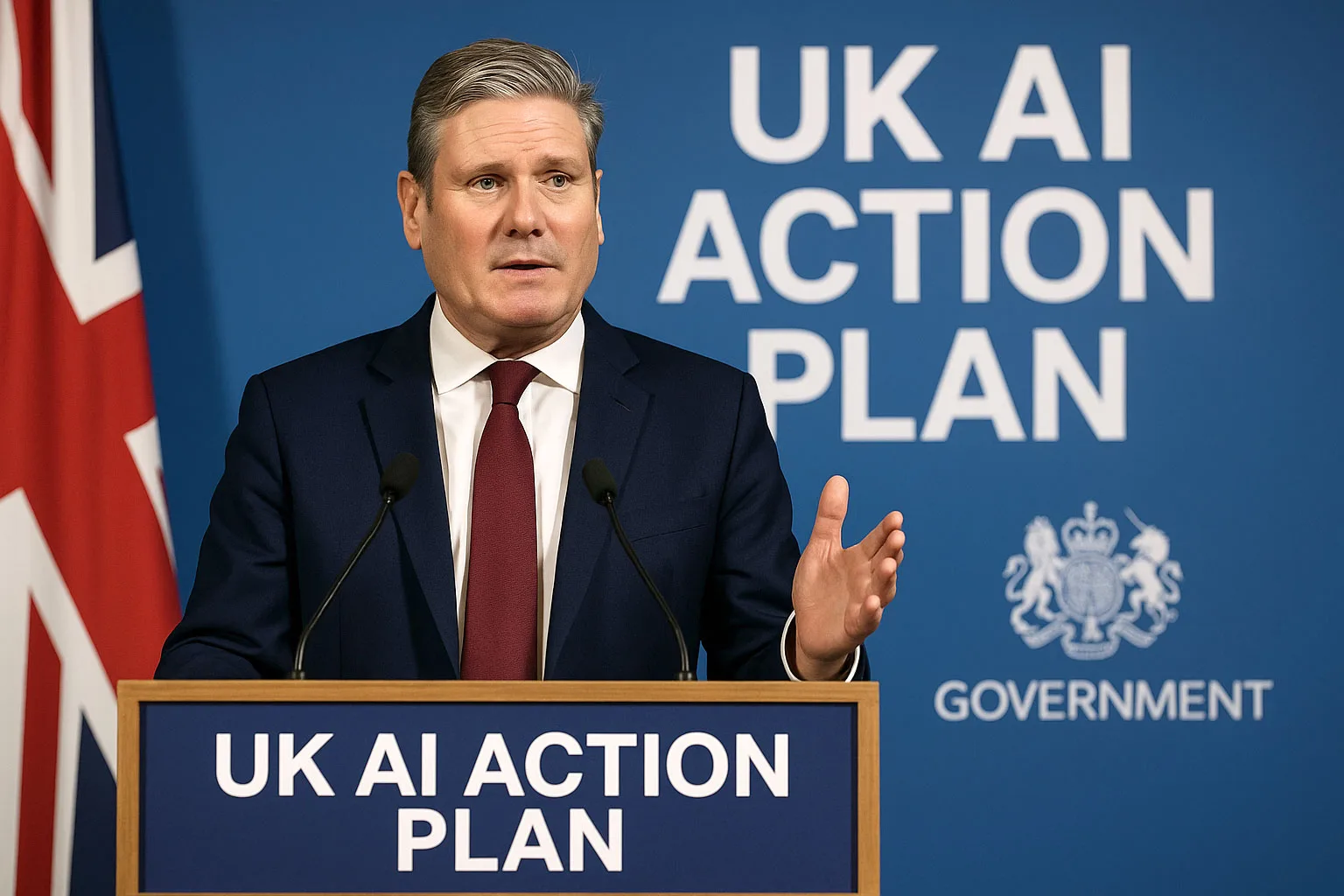 UK Prime Minister announcing AI Action Plan that will benefit AI consulting for small businesses at government press conference