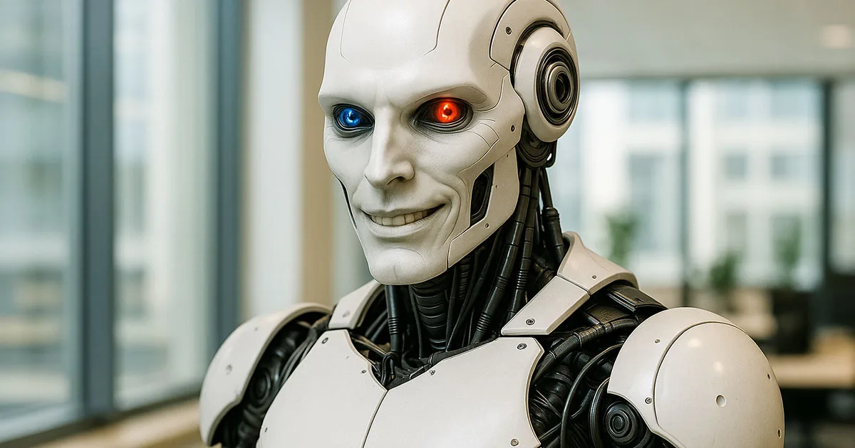 Humanoid robot with blue and red glowing eyes smiling in modern office, representing what is generative AI technology in business environments