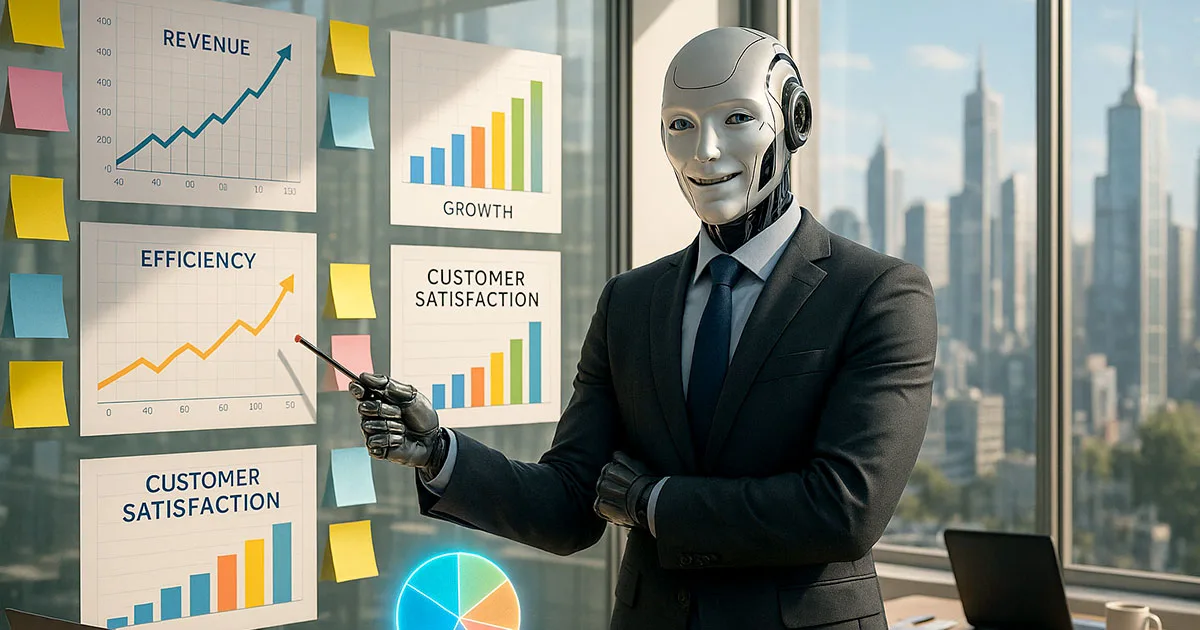 AI robot in suit presenting business charts, ROI graphs and sticky notes in bright modern office.