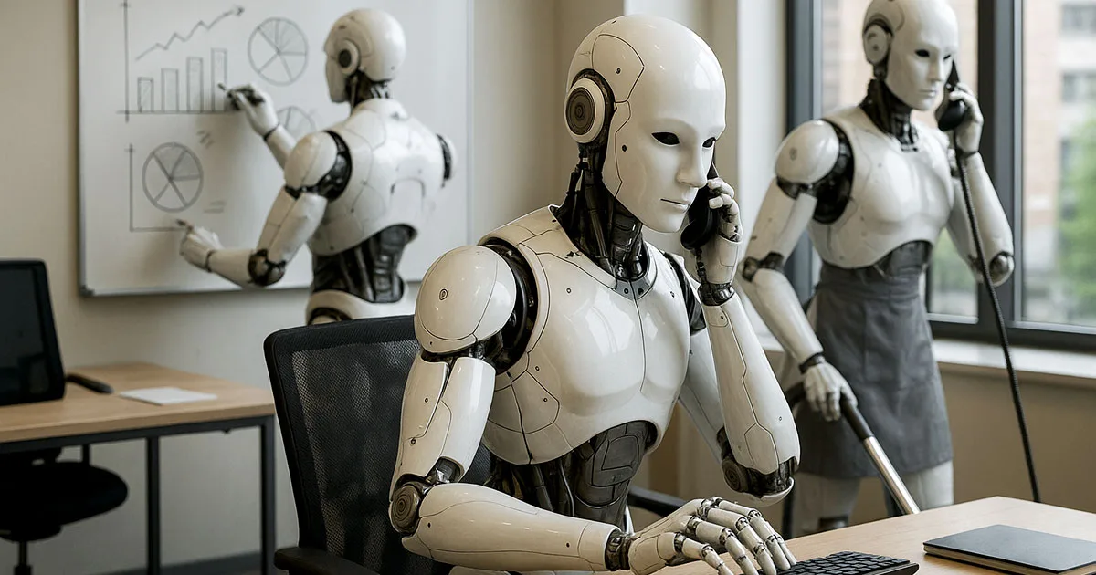 Humanoid robots working in modern office environment, with one robot at desk using laptop while others analyse charts on whiteboard behind