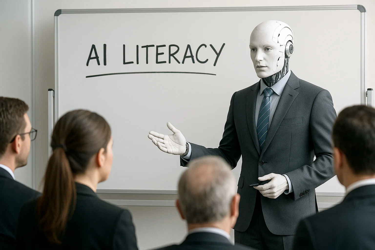Humanoid robot in business suit presenting AI literacy seminar to group of professional attendees in conference room