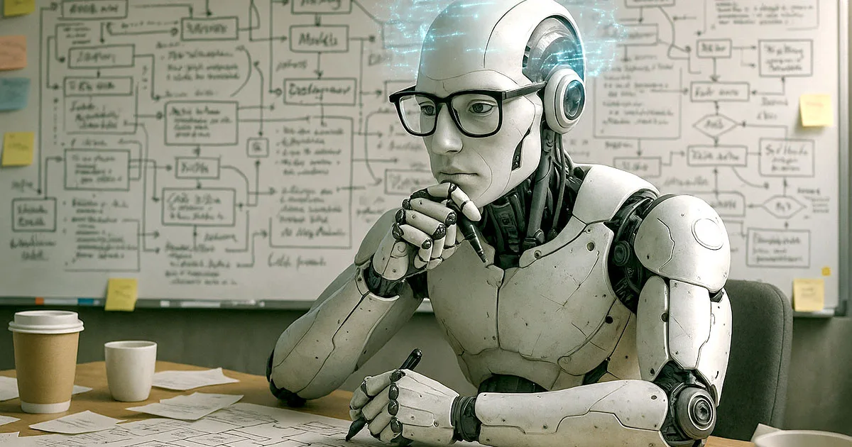 AI robot planning ai software development on cluttered whiteboard with flowcharts, diagrams, and code architecture.