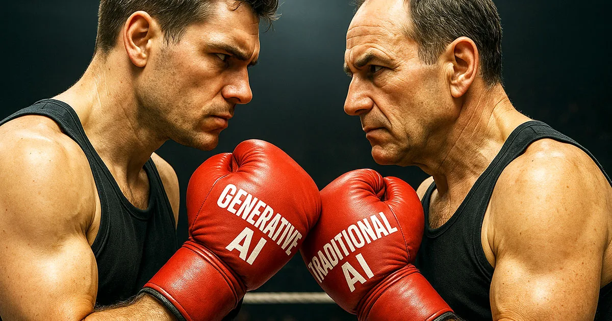 Two boxers face off wearing red boxing gloves labelled ‘Generative AI’ and ‘Traditional AI’, illustrating the competition between AI types