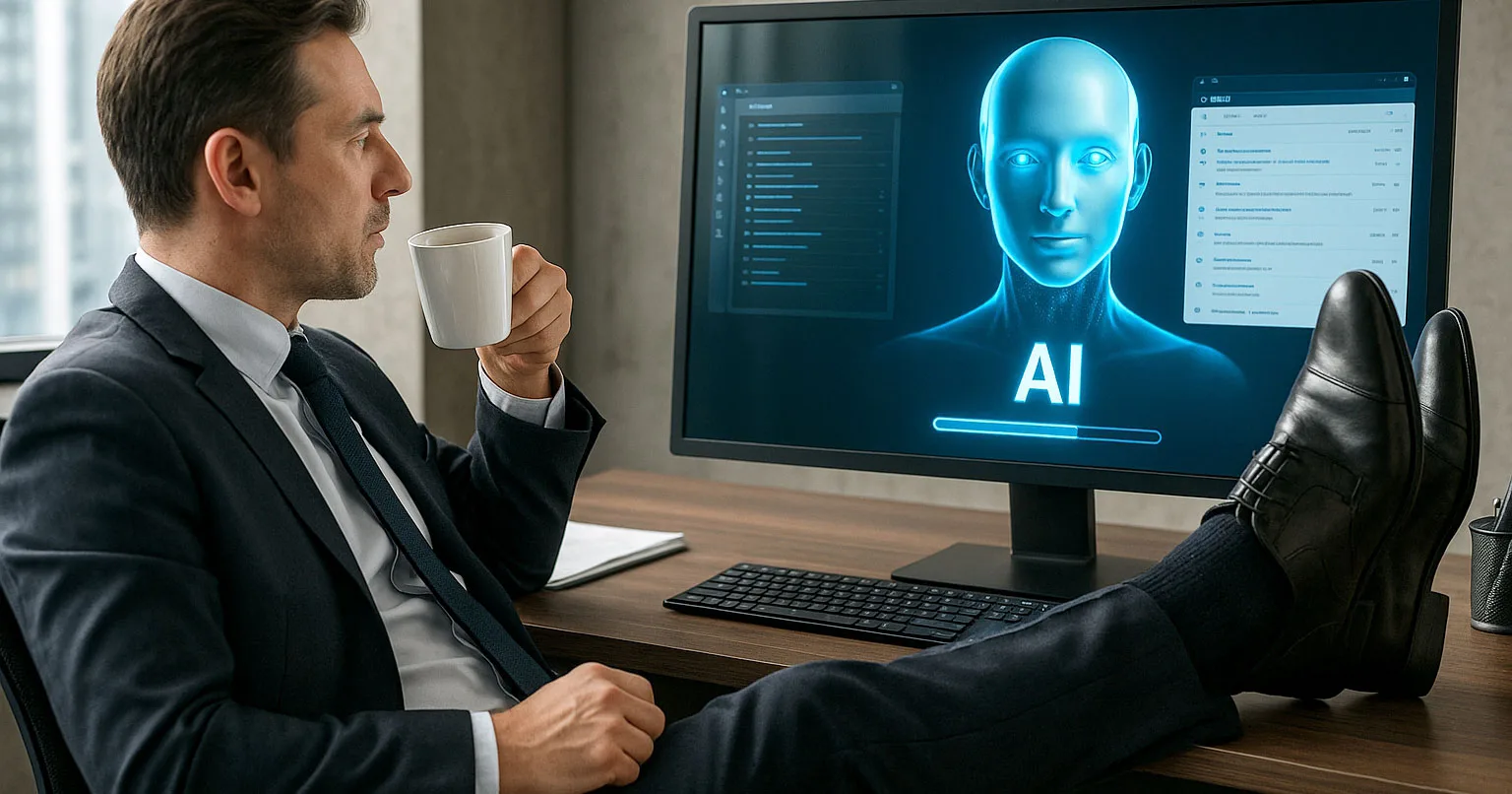 Executive viewing AI interface on computer screen showing artificial intelligence technology in action
