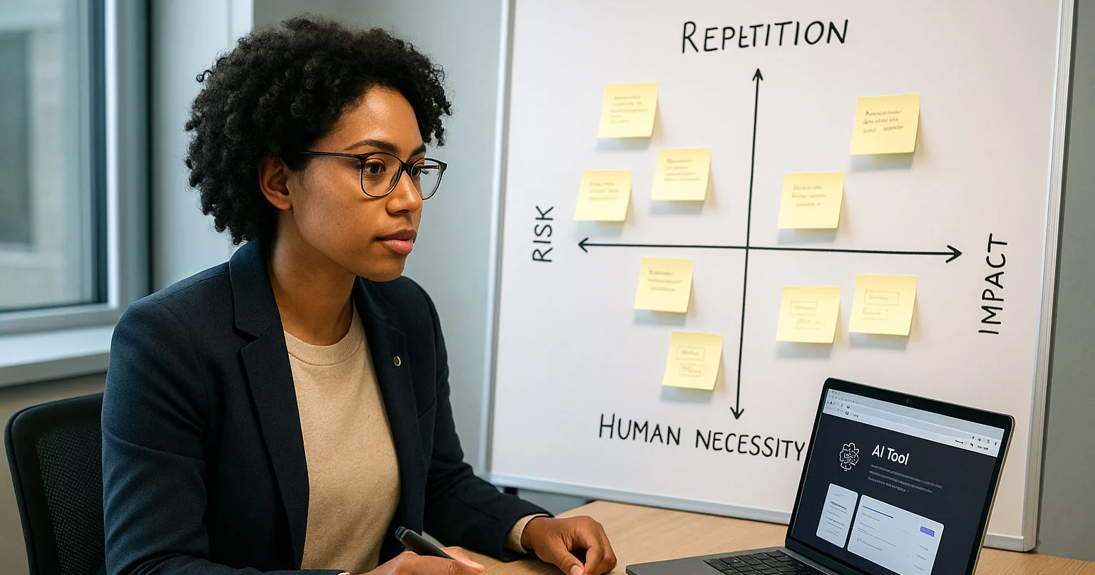 Charity manager using decision framework whiteboard with risk, impact, repetition axes to evaluate AI automation tasks.