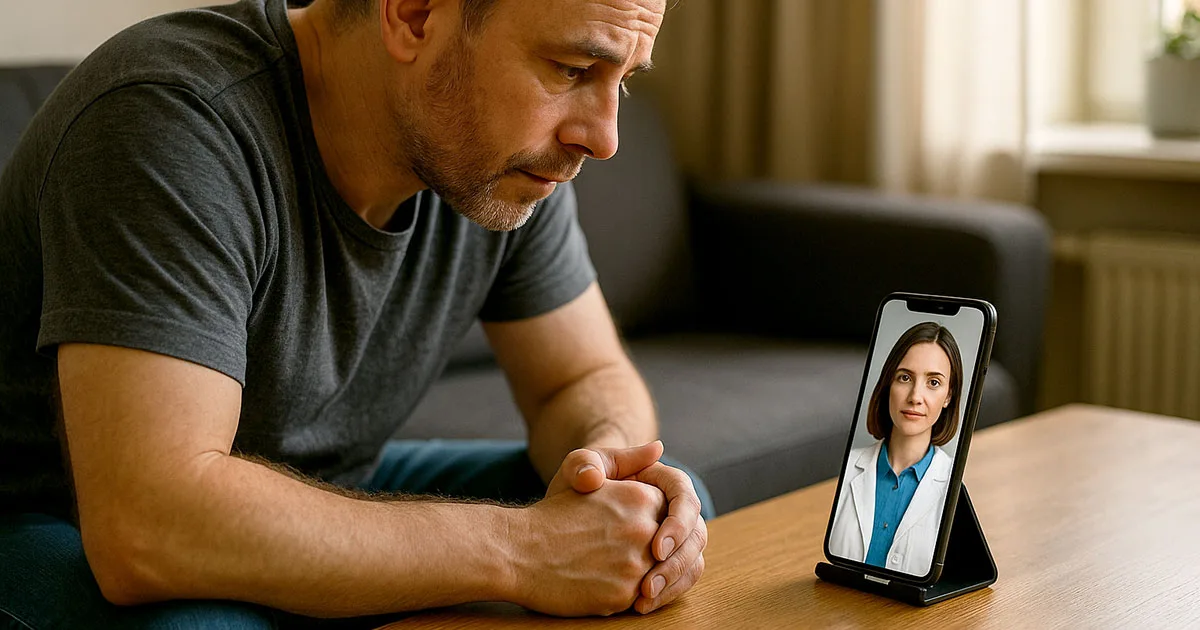 Man in grey t-shirt having video call consultation with female doctor on phone at home. Isambard AI supercomputer powers telemedicine platforms.