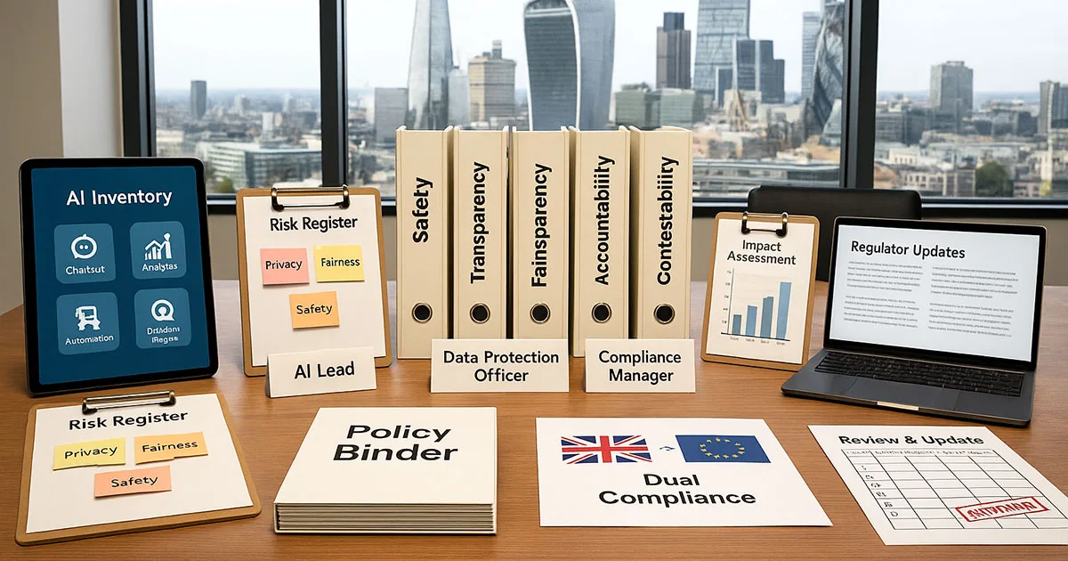 Organised AI Policy governance workspace with safety, transparency, fairness, accountability files and compliance tools overlooking London