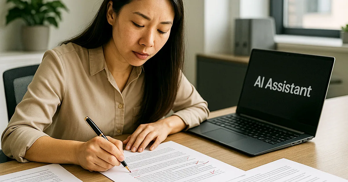 Charity worker reviewing AI-generated documents at desk with laptop showing AI Assistant, demonstrating human oversight