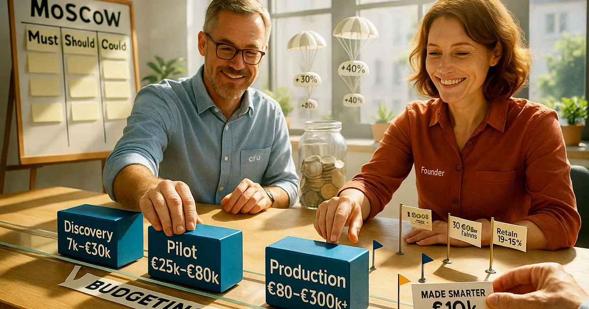 UK SME founders planning AI costs budget using MoSCoW prioritisation method with discovery, pilot and production phase cost blocks