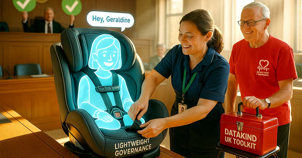Hey Geraldine AI chatbot in lightweight governance car seat with social care worker and British Heart Foundation volunteer carrying DataKind UK toolkit in council chamber