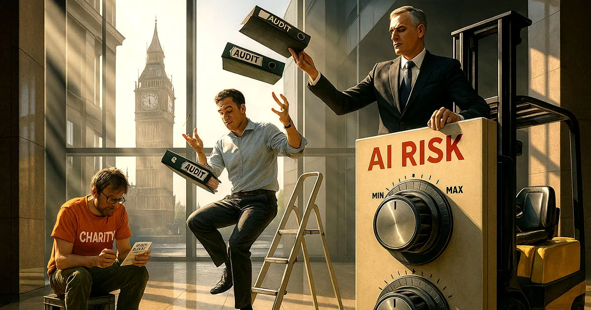 AI governance scaling UK: charity volunteer with ICO checklist, SME manager juggling audits, corporate executive operating AI risk controls in Westminster office