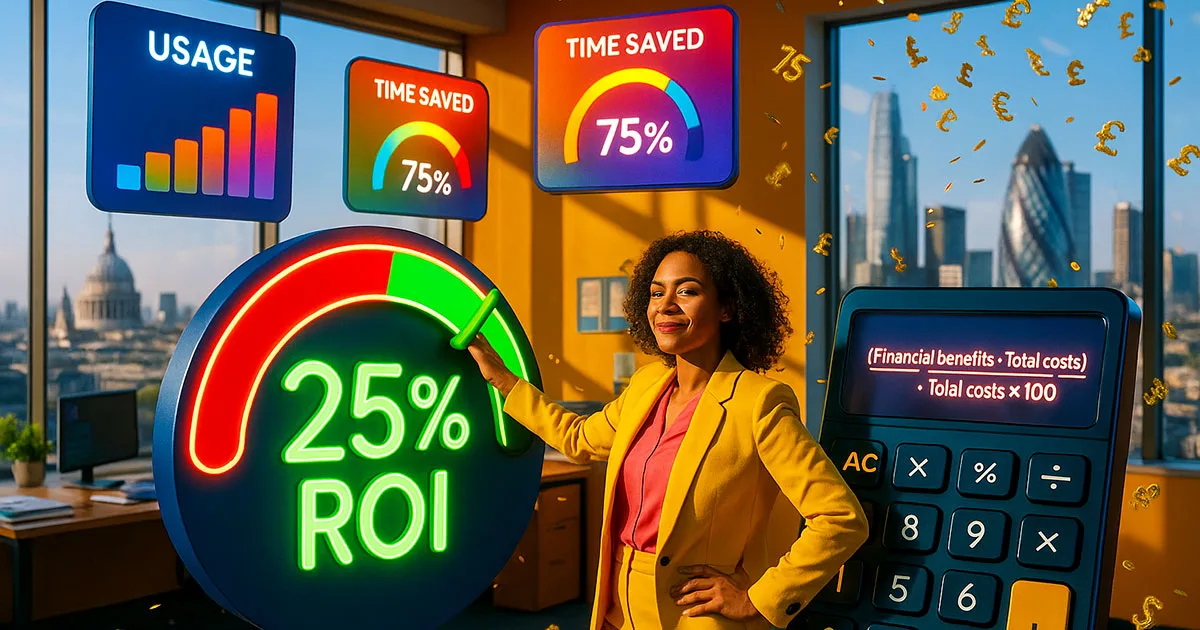 Professional woman in yellow blazer celebrating AI ROI success in London office, with digital displays showing 25% ROI, 75% time saved metrics, and ROI calculation formula, London skyline visible through window