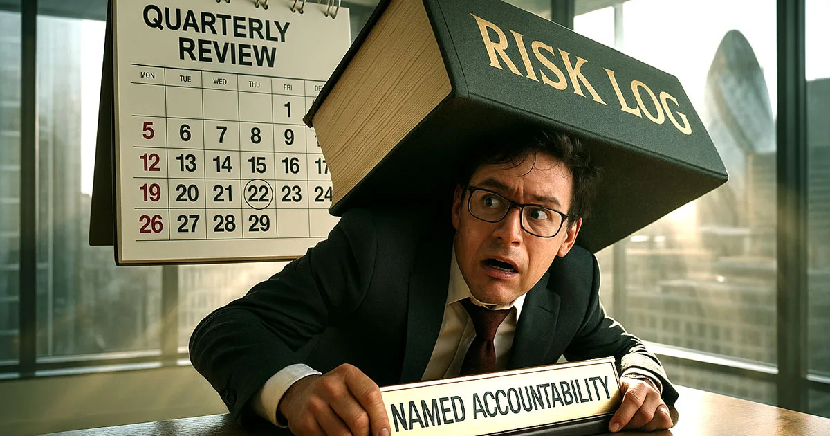 Office worker balancing large risk log binder while holding named accountability nameplate with quarterly review calendar overhead in London boardroom
