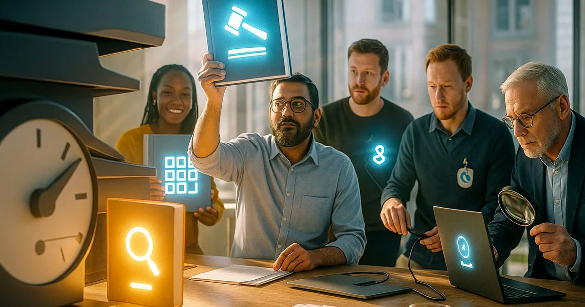 Business team implementing responsible AI principles with transparency and accountability symbols