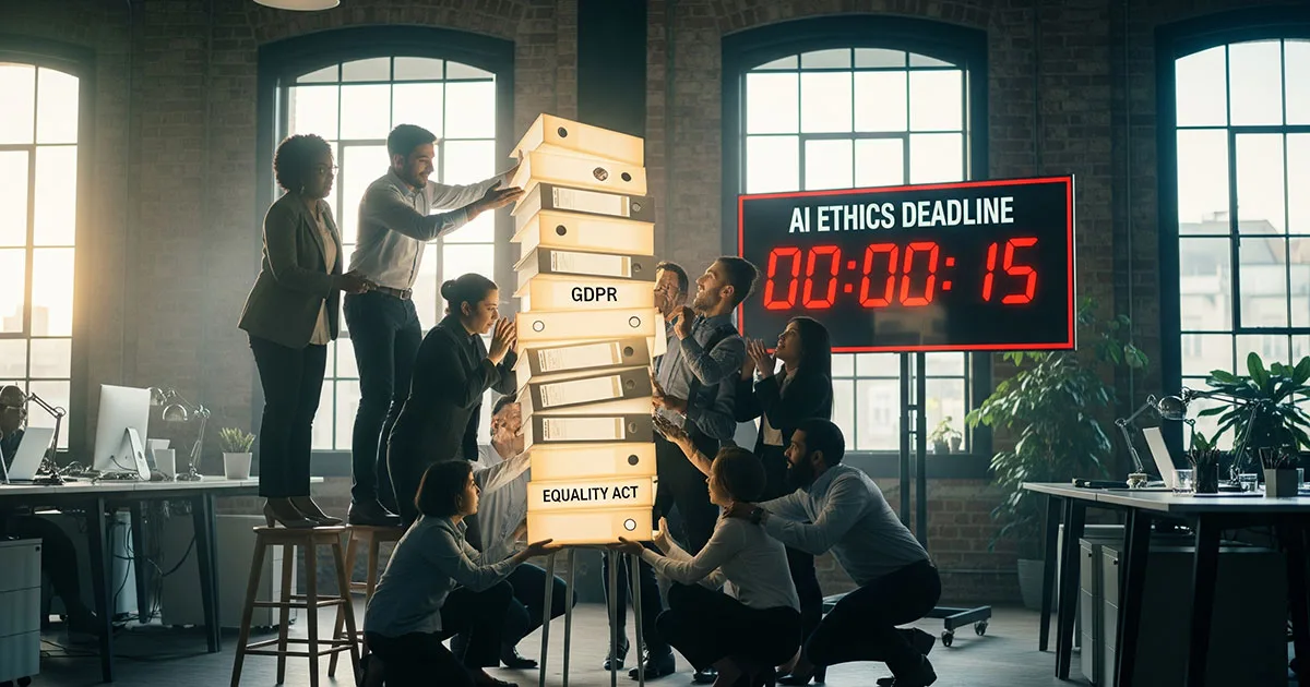 UK SME team racing against AI ethics deadline with GDPR and Equality Act compliance boxes stacked precariously in modern office