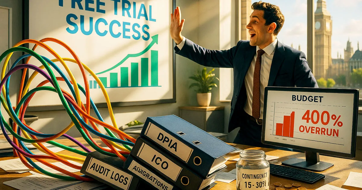 Business professional celebrating in London office with Big Ben view, desk showing AI project complexity with tangled cables, compliance folders labelled DPIA and ICO, computer screen displaying 400% budget overrun warning