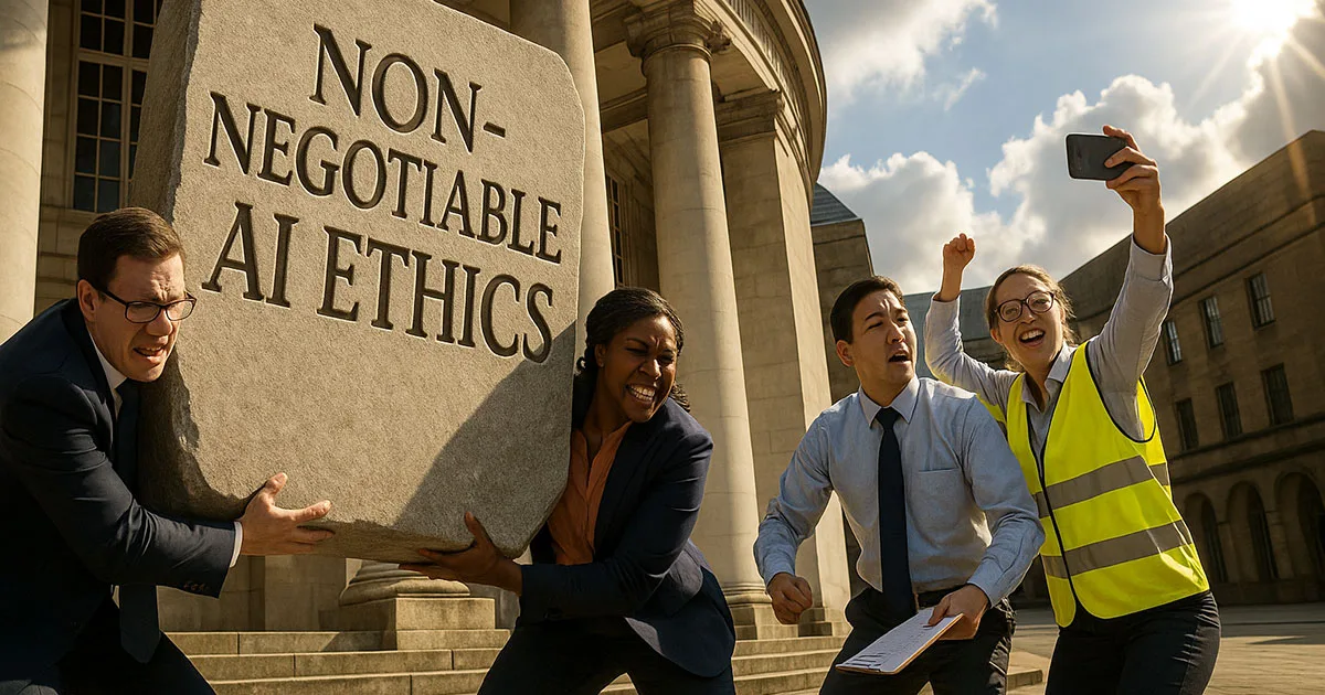 Four diverse professionals struggling with oversized stone tablet reading ‘Non-Negotiable AI Ethics’ outside government building, representing AI ethics charity compliance challenges